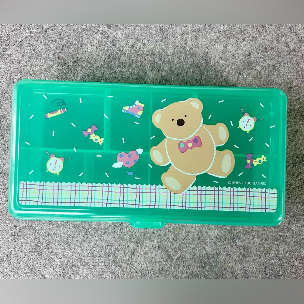Sanrio 1990 Just For Fun Teddy Bear Pencil Trinket Box Case Mint Teal Green